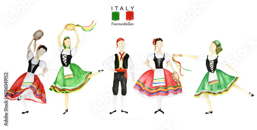 Dancers in red and green national costume an Italian tarantella with a tambourine on white background. Set of Woman and man dancer in folk costume Italy. Watercolor Illustration