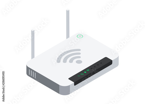 Isometric wi-fi router with two antennas and power button. Vector illustration isolated on white background.