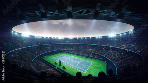 Illuminated blue tennis court stadium with fans at evening upper view, professional tennis sport 3D illustration background