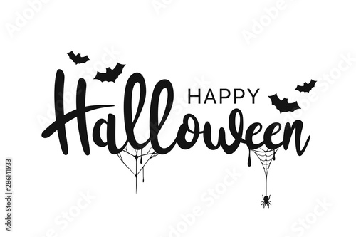 Happy Halloween lettering. Handwritten calligraphy with spider web and bats for greeting cards, posters, banners, flyers and invitations. Happy Halloween text, holiday background