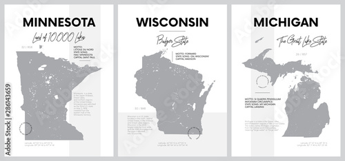 Wektor plakaty z bardzo szczegółowymi sylwetkami map stanów Ameryki, regionu Wielkich Jezior - Minnesota, Wisconsin, Michigan - zestaw 5 z 17