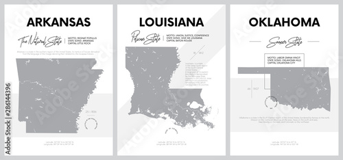 Vector posters with highly detailed silhouettes of maps of the states of America, Division West South Central - Arkansas, Louisiana, Oklahoma - set 12 of 17