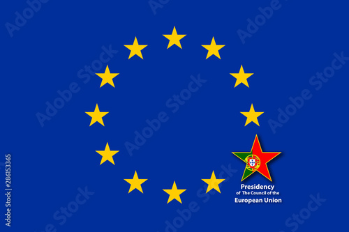 EU Flag, one of the 12 stars bigger than the others and with the flag of Croatia inside. Portugal will hold the presidency of the Council of the Eropean Union for the period January to June 2021