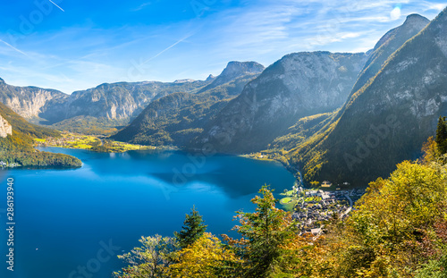 Hallstatt, Austria. Aerial view of Hallstatter See lake and mountains in Austrian Alps in autumn
