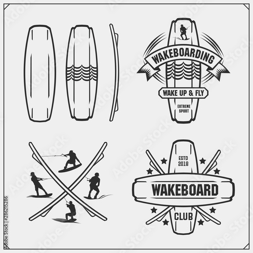 Wakeboarding silhouettes, labels and design elements. Set of emblems for wakeboard club and print design for t-shirt.