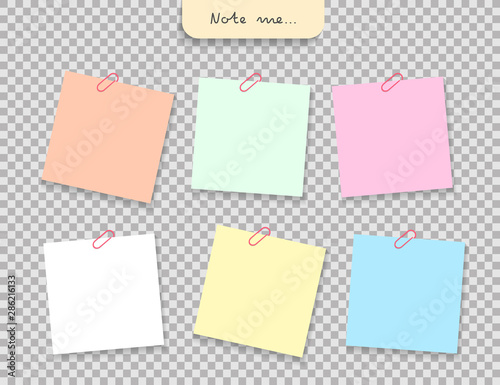 Set of different color note papers, pushpin, paper clip and elements. Creative office note paper Design in EPS10 vector illustration.