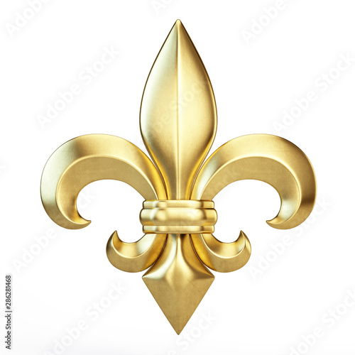 Gold Fleur de lis isolated on white - heraldic icon concept. 3d rendering
