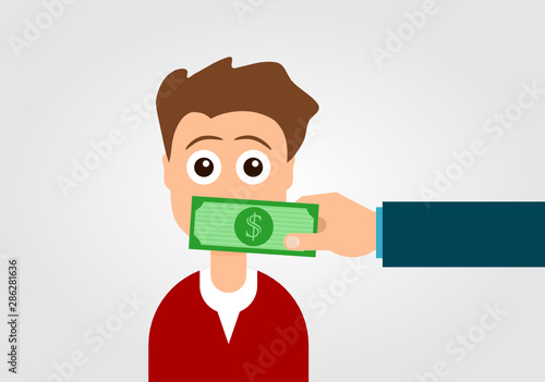 Silenced by money concept. Hand with dollar bill covering the man's mouth. Bribe, bribery money, corruption concept. Lobbyist, lobbying, persuasion. Vector illustration, flat style, clip art.