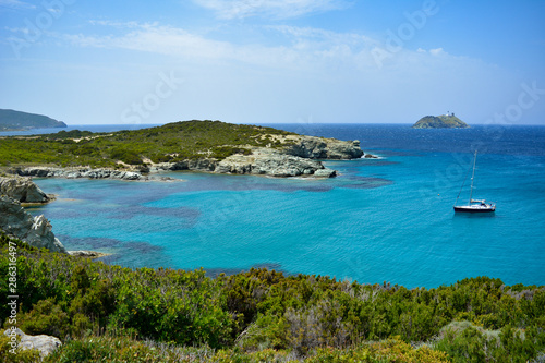 Sailing boat, Cap Corse. Sentier des douaniers. Corsica island, France