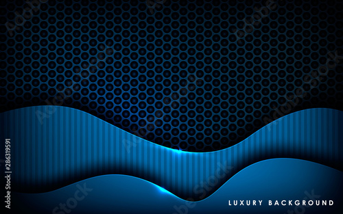 Dark abstract background with blue wave overlap layers. Realistic dimension rectangle shape with golden glitters dots element decoration. 3D Backdrop.
