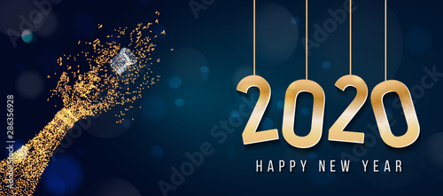 2020 New Year. 2020 Happy New Year greeting card. 2020 Happy New Year background. 2020 Happy New Year background with gold glitter champagne bottle.