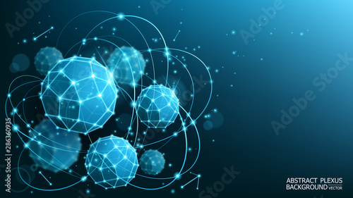 Modern abstract blue background. Complex geometric shapes. Futuristic 3d polyhedrons. Blur effect. Microbiology and medicine. The genetic structure of an atom. Dots and lines. Vector.