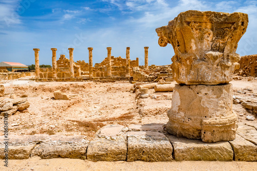 Cyprus. Pathos. Archaeological Park of Paphos. Mediterranean coast. Cyprian archaeological memorial. Sightseeing Cyprus. Travel to Cyprus. Columns of antique buildings.