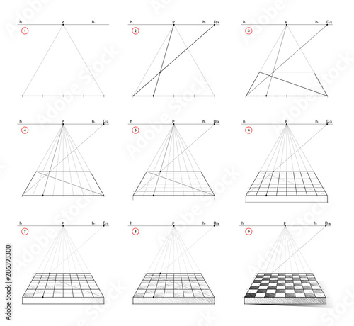 How to draw step by step chess board in perspective with vanishing point. Creation step-wise pencil drawing. Educational page for school textbook for developing artistic skills. Hand-drawn vector.