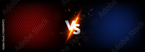 Dark Versus Battle. MMA concept - Fight night, MMA, boxing, wrestling, Thai boxing. VS collision of metal letters with sparks and glow on a red-blue background and octagon grid. Versus battle. Vector