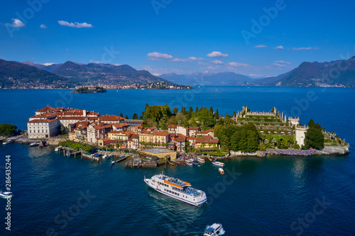 The famous island of Isola Bella. Aerial photography with drone, lake Maggiore, Italy.