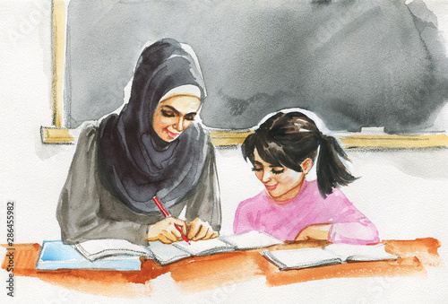 Watercolor arabian woman teacher and pupil