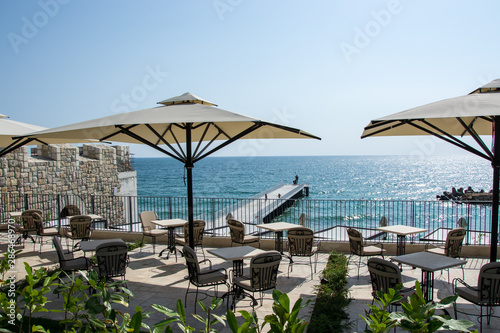 08/24/2019 View of the sea from the garden of the hotel Villa Chinka, St Constantine and Elena, Varna, Bulgaria, summer sea