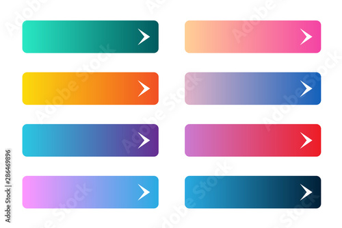 Vector set of modern gradient app or game buttons. User interface web button on rectangular forms with arrows.
