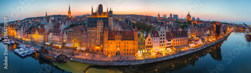 Panorama of the old town in Gdansk at dusk, Poland.