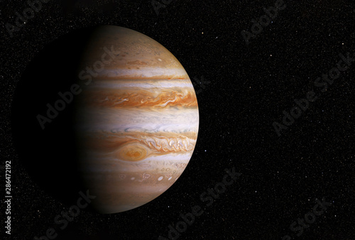 Planet Jupiter, with a big spot, on a dark background,copyspace. Elements of this image were furnished by NASA