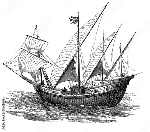 Portugese ship of the 15th century named carrack:three- or four-masted ocean-going sailing ship used for trans-Atlantic trade between Europe, Africa and the Americas