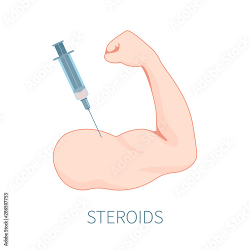 Syringe injecting testosterone steroids, growth booster supplements into bodybuilder's strong muscular arm. Sportsman taking doping and anabolics. Sport and fitness concept.Vector cartoon illustration
