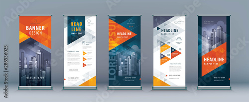 Business Roll Up Set. Standee Design. Banner Template, Abstract Geometric Triangle Background vector