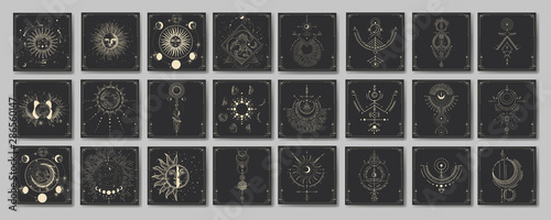 Vector illustration set of moon phases. Different stages of moonlight activity in vintage engraving style. Zodiac Signs