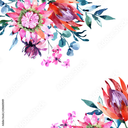 Tropical watercolor greeting card of protea flowers. Exotic pink bouquet, eucalyptus, twigs and leaves.