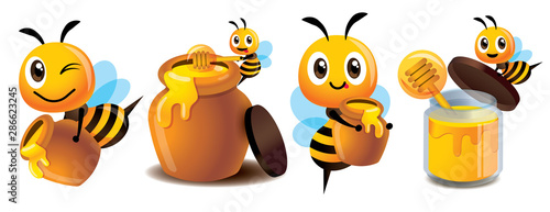 Cartoon cute bee mascot set. Cartoon cute bee with honey pot set. Cute bee carries honey pot and organic honey bottle - Vector character illustration isolated