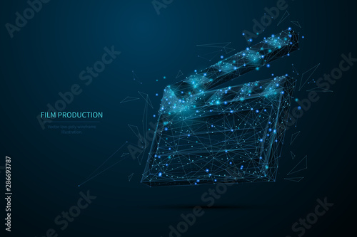 Film production low poly wireframe banner template. 3D clapperboard, filmmaking, movie director equipment with connected dots. Polygonal open clapper board, cinematography mesh art illustration