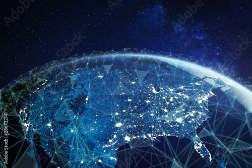Telecommunication network above North America and United States viewed from space for American 5g LTE mobile web, global WiFi connection, Internet of Things (IoT) technology or blockchain fintech