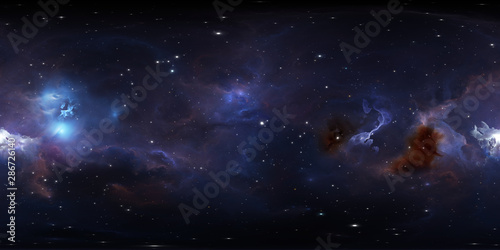 360 degree space background with glowing huge nebula with young stars, equirectangular projection, environment map. HDRI spherical panorama.