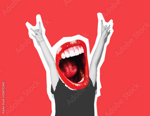 Stylish trendy collage of modern art. Instead of a head, a crazy mouth screams, giving a sign of rock and roll, a gesture of the devil's horn. Bright red lips, white teeth, mouth with a long tongue