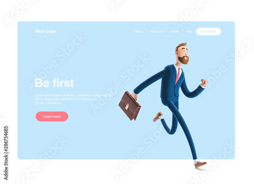 3d illustration.Businessman Billy with a case running. Web banner, start site page, infographics, leadership concept.