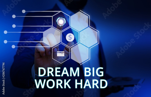 Word writing text Dream Big Work Hard. Business photo showcasing Believe in yourself and follow the dreams and goals Male human wear formal work suit presenting presentation using smart device