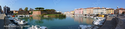 Panoramic view of Fortezza Nuova castle with its moat Fosso Reale in Livorno, Italy