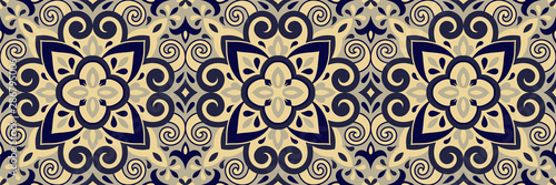 Azulejos ceramic tile design. Talavera tracery motif. Unique creative endless fill swatch. Portuguese, Spanish, Mexican, Brazilian folklore ornament. Ethnic style vector hand drawn seamless pattern.