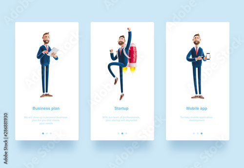 Illustration set. 3d illustration. Portrait of a handsome businessman with mobile phone. a cartoon character is holding a notebook and smiling. Businessman Billy flying on a rocket Jetpack up