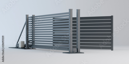 Sliding gate and fence panel, 3D illustration