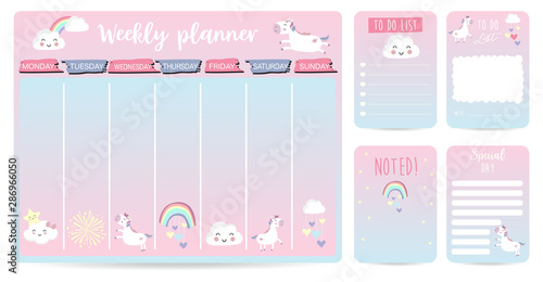 cute weekly planner background for kid with unicorn,rainbow,cloud