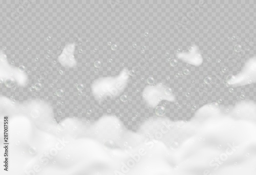 Realistic bath foam with bubbles isolated on transparent background. Sparkling shampoo and soap lather vector illustration.
