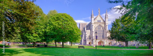 Autumn afternoon light on the West Front of Winchester Cathedral, UK