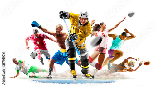 Wielo- sport szkoły wyższa futbolowej boksu piłki nożnej siatkówki lodowego hokeja bieg na białym tle