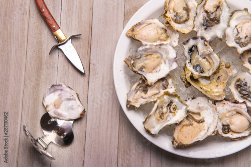 Fresh shucked oysters plate over wood background