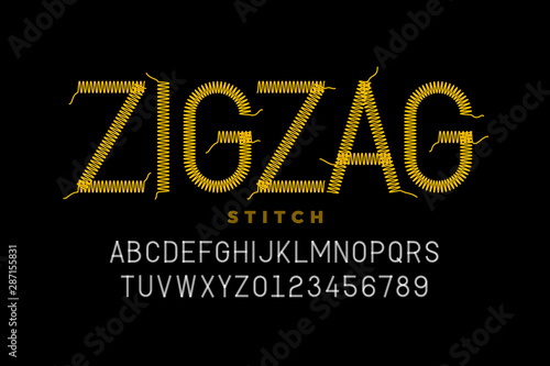 Zigzag stitch style font design, embroidery alphabet, letters and numbers