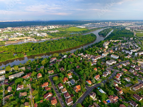 Aerial view of a residential area in Andresy, Yvelines, France