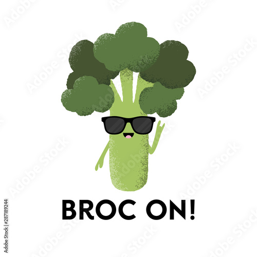 Vector illustration of a broccoli character wearing sunglasses with the funny pun 'Broc On!' Fun T-Shirt design concept.