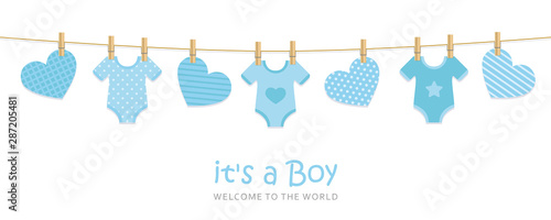 its a boy welcome greeting card for childbirth with hanging hearts and bodysuits vector illustration EPS10
